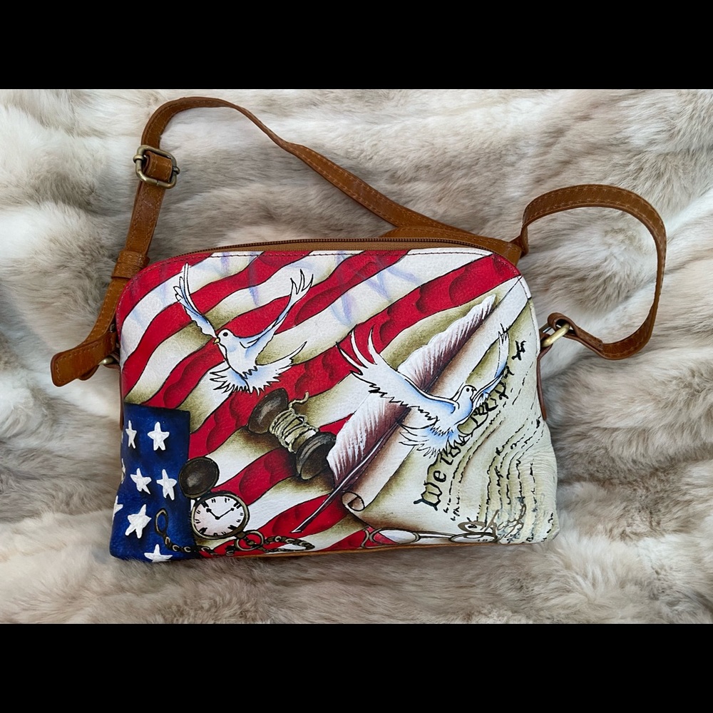 Sharif 1827 Artist Expressions Genuine Leather Crossbody Purse Bag American Flag